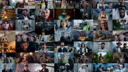 Montage of multiethnic and multicultural people smile and look at camera. Edited collage of portraits of American citizens and workers with diverse gender, ethnicity and occupation. Society concept.