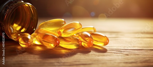 Closeup of healthy products containing vitamin E and fish oil capsules on a wooden background with copy space image