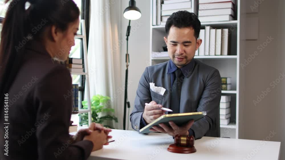 Lawyer is providing legal advice to a client. Legal consultant is discussing and explaining the terms of a legal contract document on a modern digital tablet. Lawyer is providing legal advice to a client. Legal consultant is discussing and explaining the terms of a legal contract document on a modern digital tablet.