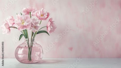 Vibrant pink flowers in a glass vase on a soft pink background
