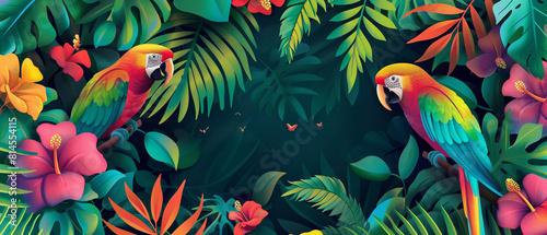 Colorful tropical birds surrounded by lush foliage in vibrant hues  captured in stylish photography.