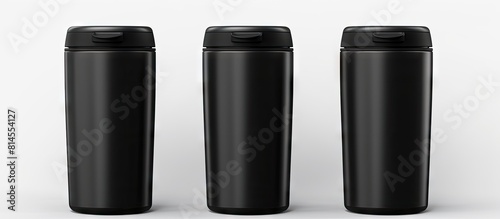 A clean black thermos cup with a black lid providing copy space for text on its blank surface The cup is isolated on a transparent background allowing for different shooting angles A set of three pho © vxnaghiyev