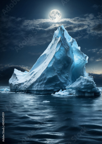 A large ice block floating in the night ocean