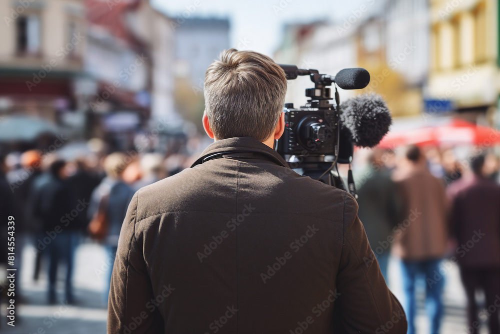 Generative AI illustration Professional reporter journalist in front of camera making live reportage Generative AI illustration Professional reporter journalist in front of camera making live reportage