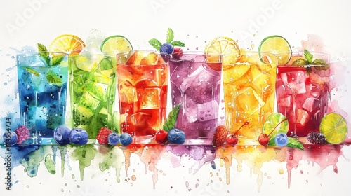 Detailed illustration of refreshing colorful drinks with ice cubes, high-quality photo effect, white background photo