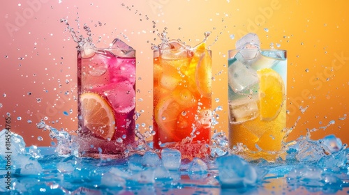 Image of colorful drinks and ice splashes, light blue tones, vibrant, perfect for magazine covers photo