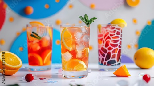 Iced summer drinks, advertising style, abstract shapes and bold colors, white backdrop photo