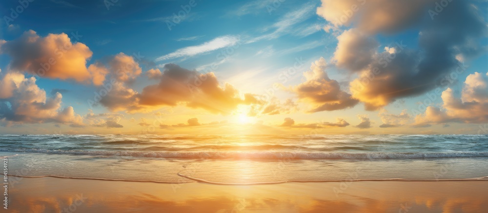 A stunning scene of a golden sunrise sunshine and sunset on a beach enhanced by golden clouds in the sky perfect for a copy space image A stunning scene of a golden sunrise sunshine and sunset on a beach enhanced by golden clouds in the sky perfect for a copy space image
