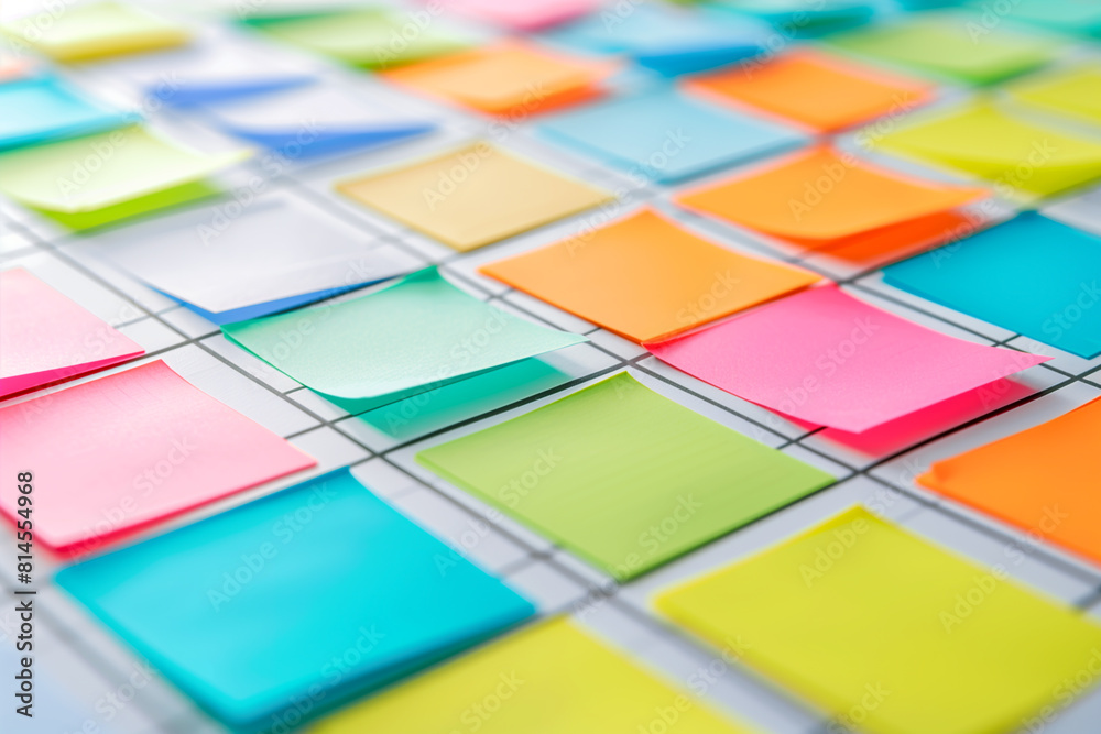 Colorful sticky notes arranged in rows on a white board, concept of ...
