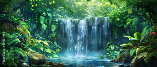 Lush green jungle with cascading waterfalls and a tranquil monk in a tropical paradise.