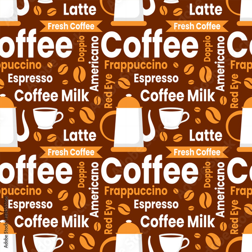 Coffee Time Seamless Pattern Design With Cacao Beans, Grains and Jug in Cartoon Flat Illustration