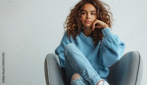 Woman Sitting on Chair in Blue Sweater
