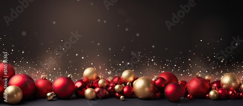 An invitation card for a party celebration on a Christmas background adorned with shiny balls and festive decorations perfect for adding text in the copy space image