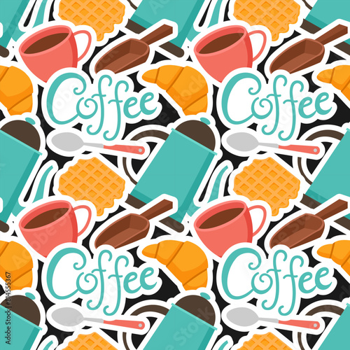 Coffee Time Seamless Pattern Design With Cacao Beans, Grains and Jug in Cartoon Flat Illustration