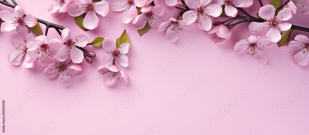 A creative trend composition of apple flowers with violet leaves on a pink paper background The flat lay top view showcases a floral pattern creating a layout that resembles a greeting card The paste