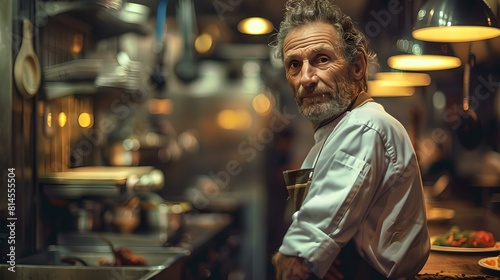 Seasoned chef in restaurant kitchen  portrait of culinary expertise and experience
