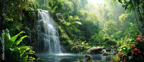 Lush tropical jungle setting with flowing waterfalls and a lone meditating monk in meditation.