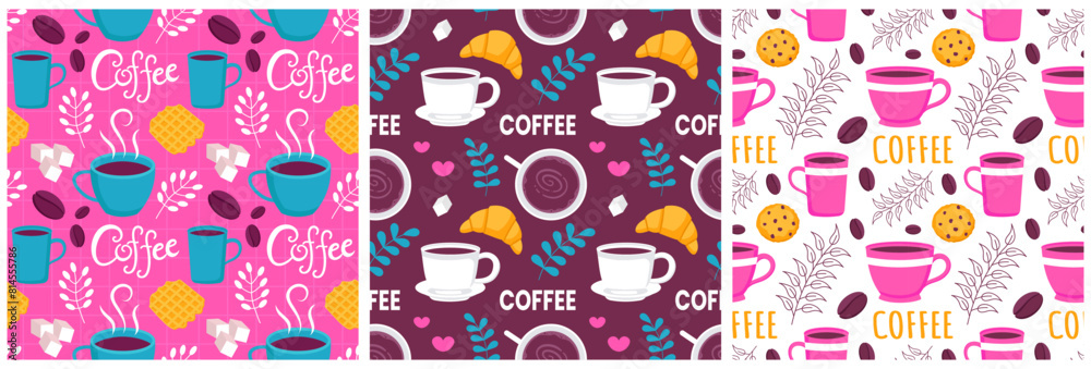 Fototapeta premium Coffee Time Seamless Pattern Design With Cacao Beans, Grains and Jug in Cartoon Flat Illustration