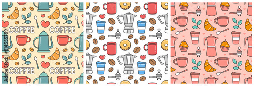 Coffee Time Seamless Pattern Design With Cacao Beans, Grains and Jug in Cartoon Flat Illustration