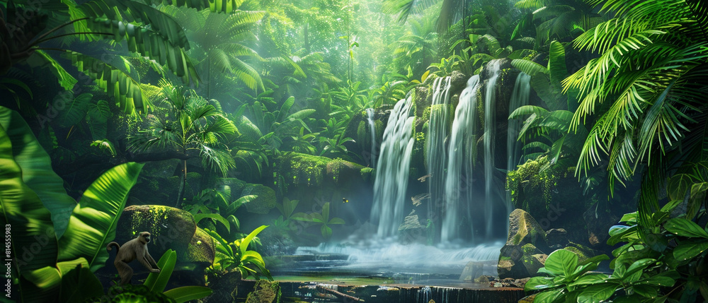 Lush green jungle with cascading waterfalls and a serene monk meditating in nature.