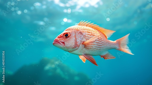 A beautiful red fish swims in the deep blue sea. The fish is surrounded by bubbles and sunlight. The fish is a symbol of freedom and beauty.