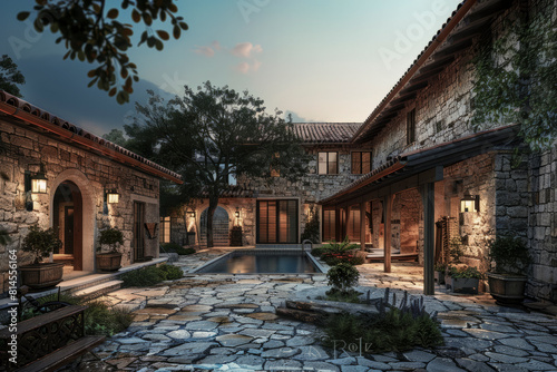 a peaceful courtyard with a pool, stone buildings, lush greenery, and warm evening lighting