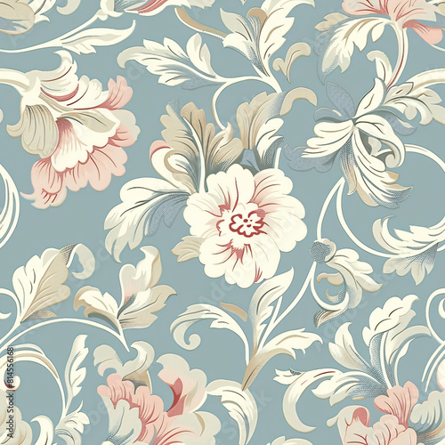 Elegant vintage floral pattern with white and pink flowers set against a muted blue background. For design elements in print materials like posters  flyers  banners  wallpapers  or fabric prints