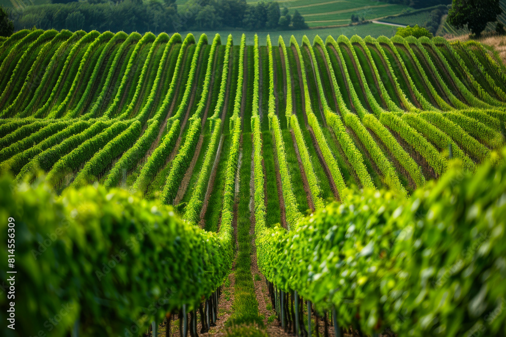 Fototapeta premium Rows of green grape vines grow in a vineyard field