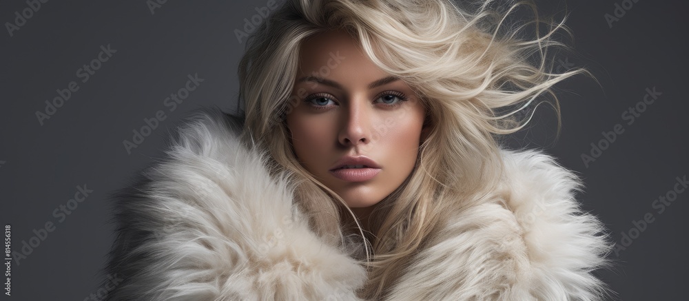Blond female model with faux fur and tied hair posing for a copy space image on a gray background Blond female model with faux fur and tied hair posing for a copy space image on a gray background