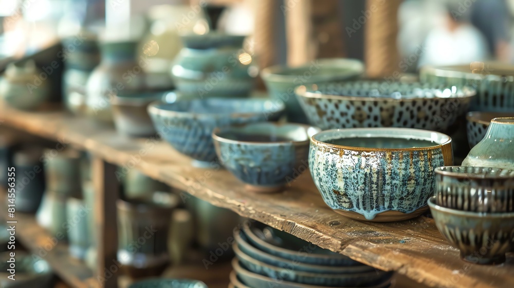 Handmade ceramic bowls and plates in various shades of blue. The bowls are placed on a wooden shelf in a rustic setting.