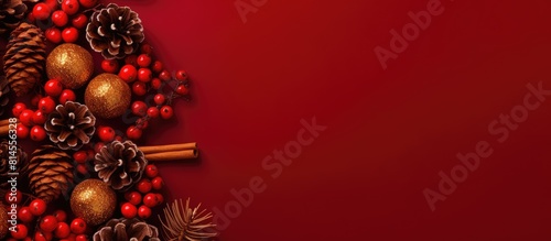 Copy space image of a festive holiday background adorned with vibrant spruce branches crimson berries cones fragrant cinnamon sticks and gleaming red and golden balls against a captivating red backdro