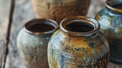A beautiful closeup of a variety of ceramic pots with a focus on the middle pot. © stocker