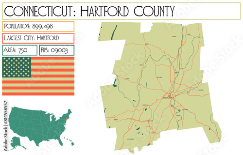 Large and detailed map of Hartford County in Connecticut USA.