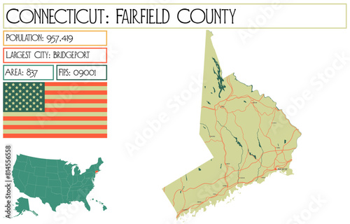 Large and detailed map of Fairfield County in Connecticut USA.
