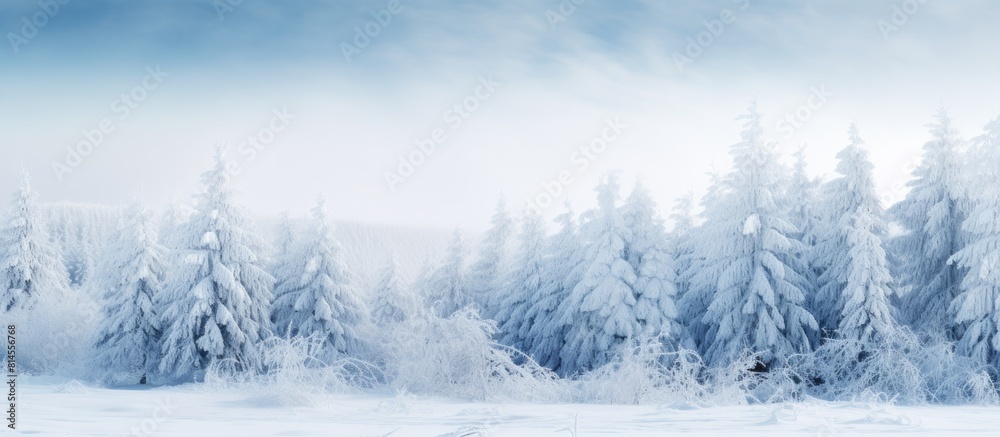 A stunning winter scenery features a background of hoarfrosted trees creating a natural and beautiful copy space image A stunning winter scenery features a background of hoarfrosted trees creating a natural and beautiful copy space image