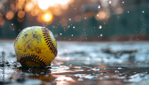 Softball resting on a rain-soaked field with water droplets, capturing the essence of World Softball Day in challenging weather and the spirit of the game
