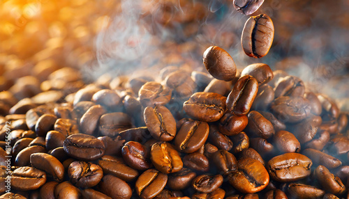 Close up view stock image of fresh roasted coffee beans with smoke and light falling