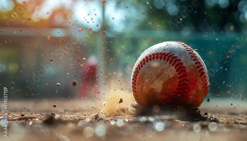 Close-up image capturing the action of a softball game on World Softball Day, with a ball hitting the dirt and sending particles flying in a sunlit field photo