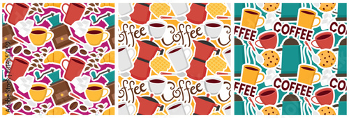 Coffee Time Seamless Pattern Design With Cacao Beans, Grains and Jug in Cartoon Flat Illustration