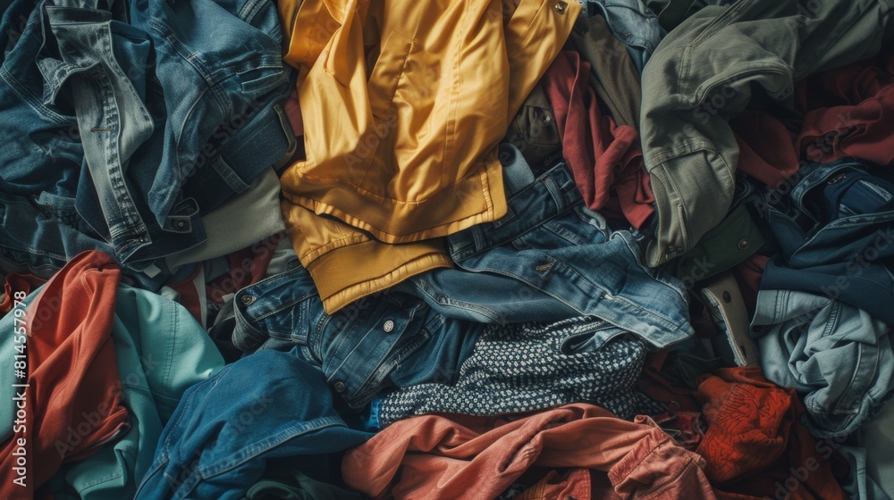 Pile of used mixed and tangled clothes, pants, shirts, jackets, skirts, and coats background, waste fast fashion concept.