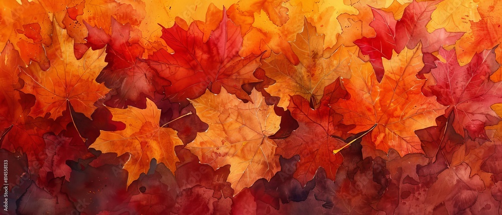 Fall represented in watercolor through a palette of fiery reds, oranges, and yellows, capturing the essence of falling leaves Fall represented in watercolor through a palette of fiery reds, oranges, and yellows, capturing the essence of falling leaves
