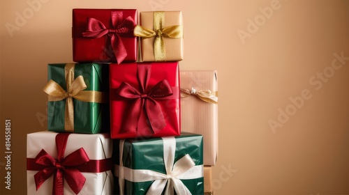 A stack of red gift boxes with gold bows and ribbon