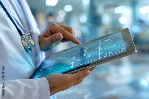 doctor immersed in their work  focusing intently on documents in a digital tablet against the backdrop of a hospital. intersection of healthcare and technology  highlighting the im