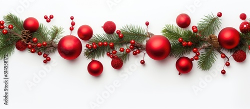 A festive Christmas arrangement featuring a garland of red balls and fir tree branches on a white background symbolizing the holiday season This flat lay image offers a top view with ample copy space