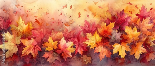 Fall represented in watercolor through a palette of fiery reds  oranges  and yellows  capturing the essence of falling leaves