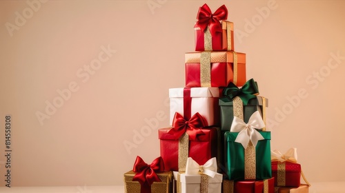 A stack of red gift boxes with gold bows and ribbon