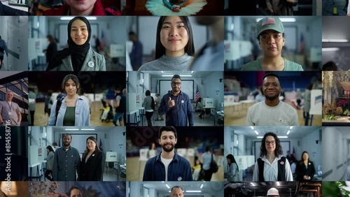 Zoom out of African American man becomes part of multiethnic American people group with diverse gender, ethnicity, occupation. Social video for USA Presidential Election. Edited collage of portraits.