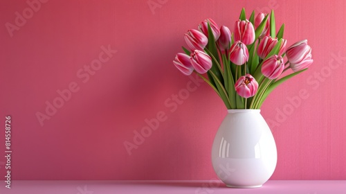 Pink tulips in a white vase adorn a pink wall in a serene setting