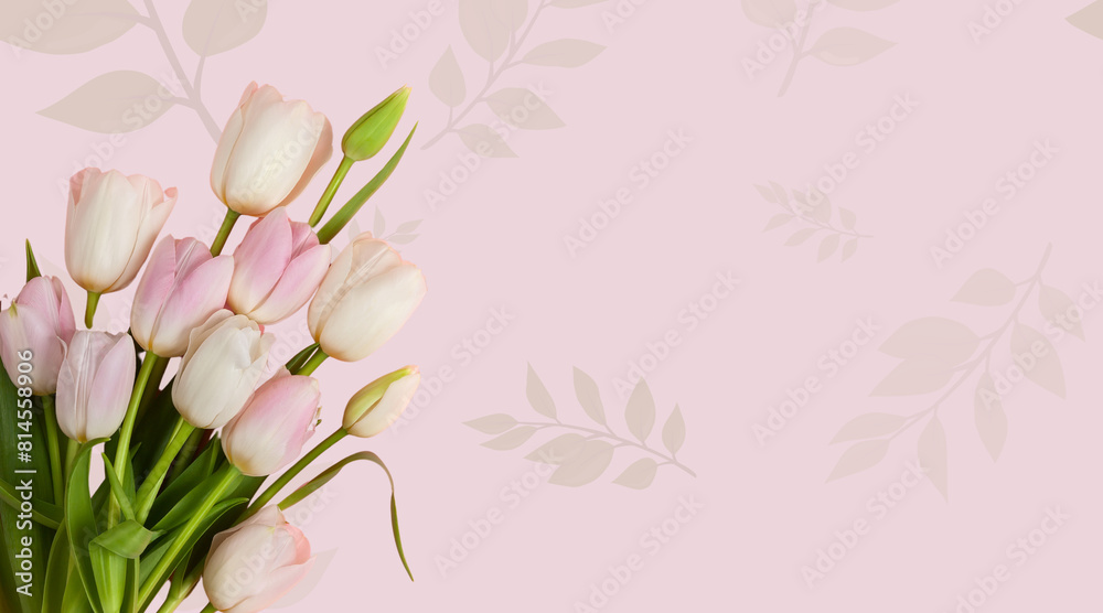 bouquet of flowers on pink with silhouette of leaves background