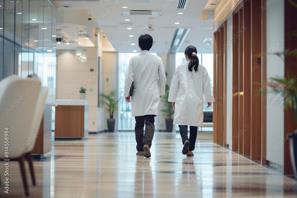 visually compelling commercial photo, two doctors walking through a modern and sleek clinic hospital, captured from behind. The photo exudes professionalism and partnership, emphas visually compelling commercial photo, two doctors walking through a modern and sleek clinic hospital, captured from behind. The photo exudes professionalism and partnership, emphas